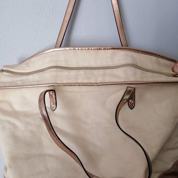 Victoria's Secret Womens Tote Bag Ivory Pink Metallic Zip Close Double Straps XL - Picture 5 of 9